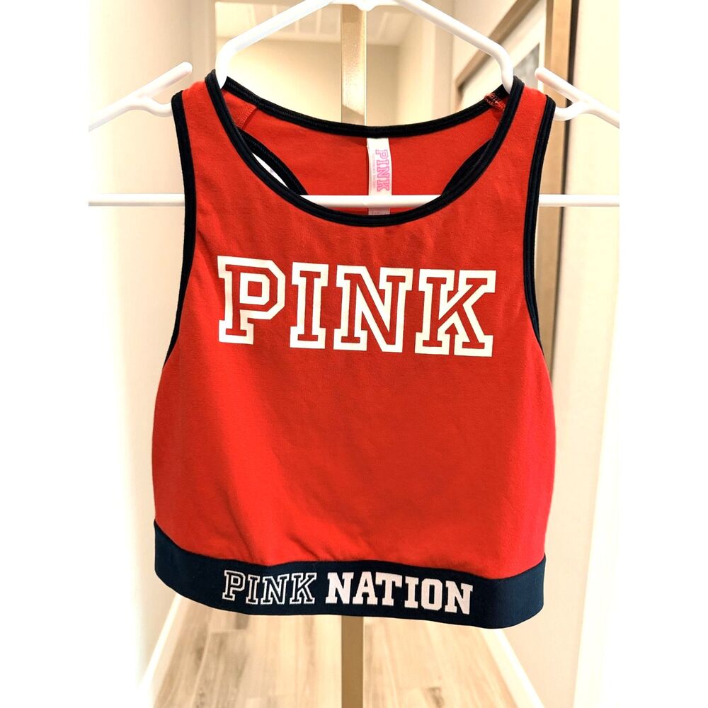Victoria's Secret PINK Nation Red Crop Tank Top L Racerback Y2K Logo Athletic